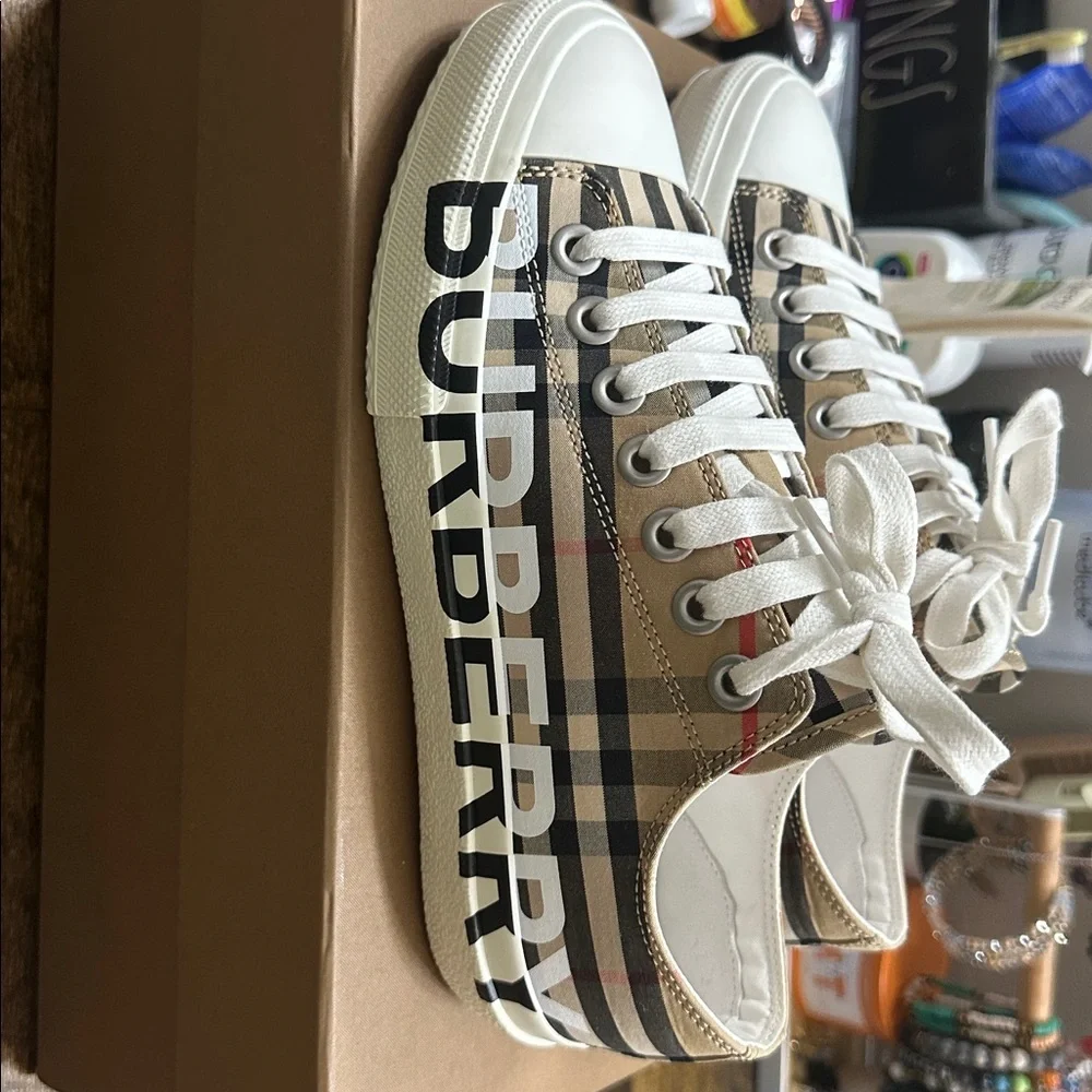Burberry Beige Plaid Canvas Sneakers - Picture 4 of 5